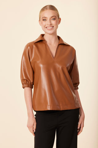 Vegan Leather V-neck short sleeve top