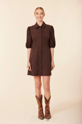 Coffee Faux Suede puff sleeves dress