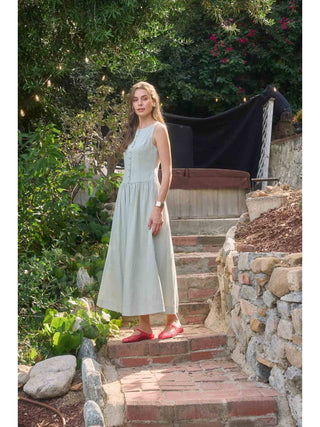 Boat Neck Front Button Detail Midi Dress