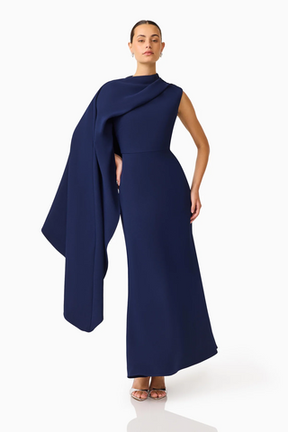 Leonara Asymmetric Cape Dress in Deepnavy
