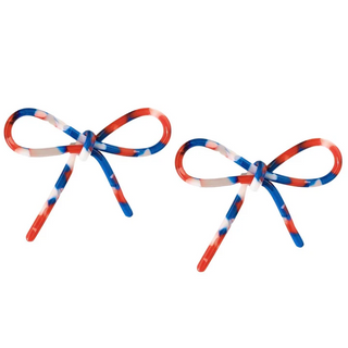 Red, white, and blue patriotic statement bow earrings