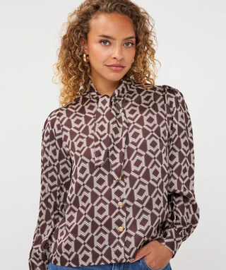 long/slv bow blouse-cacao print