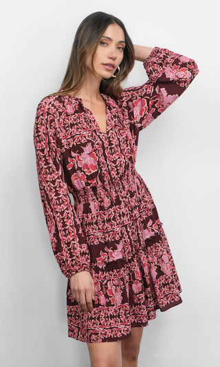 Ringo Long Sleeve Smocked Mini Dress Maroon