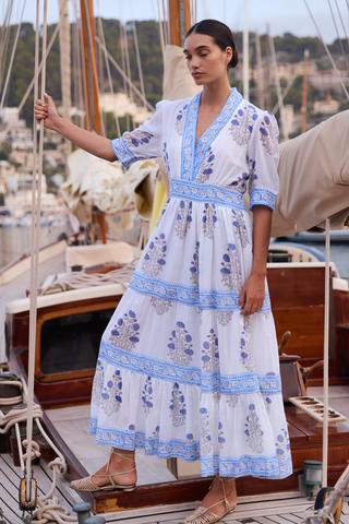 V-Neck Cuffed Maxi Laguna Blue