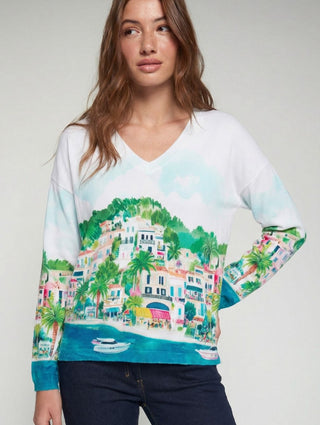 White Sweater Mediterranean Coast Print