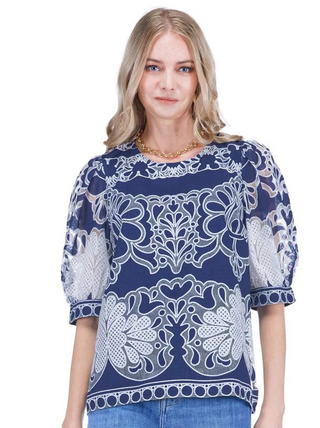 Puff Sleeve Top Navy Petal Lace
