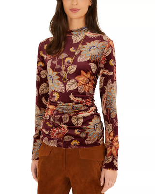 Delhi Floral Burgundy Velvet Jersey Blouse - XS