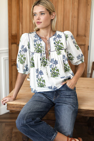 Puff Isla Top Blue Clematis Flowers+Midnight Emb.