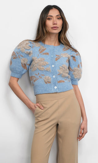 Taly Floral Puff Sleeve Cardigan retro blue