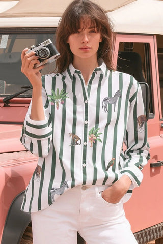 Green striped jungle animals shirt