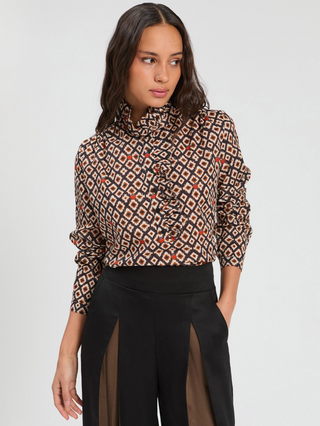 Ikat mariquitas print ruffle collar shirt