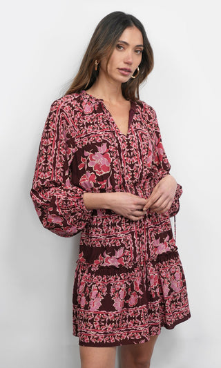 Ringo Long Sleeve Smocked Mini Dress Maroon