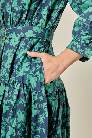 Fall printed Midi Dress Navy/Green