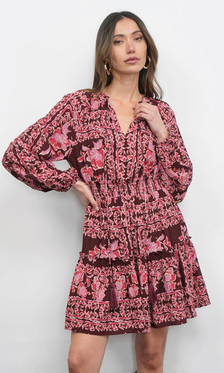 Ringo Long Sleeve Smocked Mini Dress Maroon