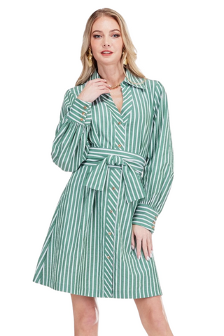 Collar waist pleated shirtdress