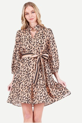 Split Neck Flounce Dress Brown Leopard