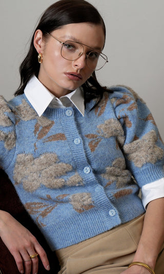 Taly Floral Puff Sleeve Cardigan retro blue